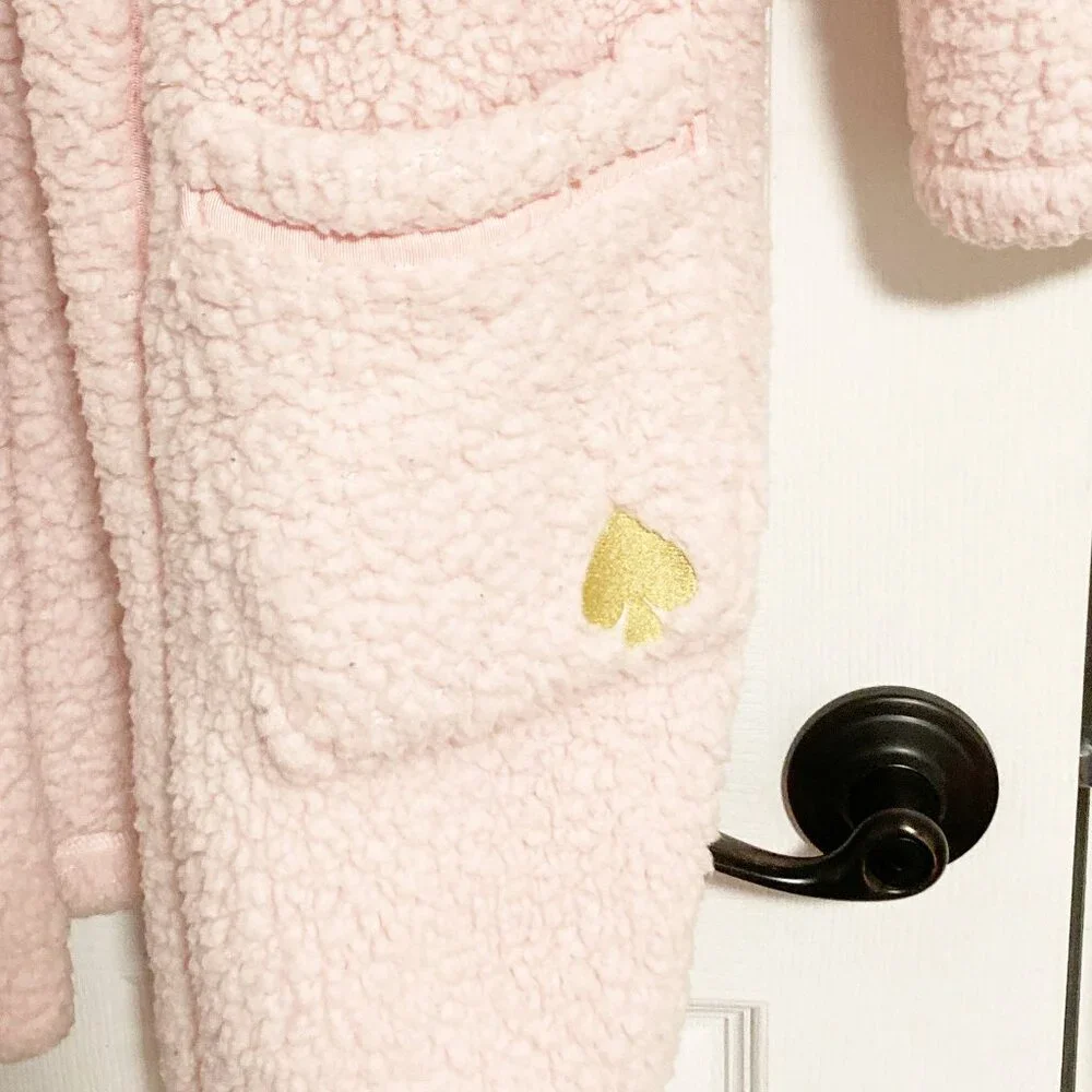 Kate Spade Blush Pink Plush High Pile Fleece Short Robe Gold Spade Logo XS/S